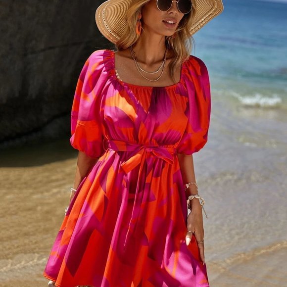 Pink Boho Womens Floral Print Square Neck Lantern Sleeve Belted Dress - Picture 5 of 5